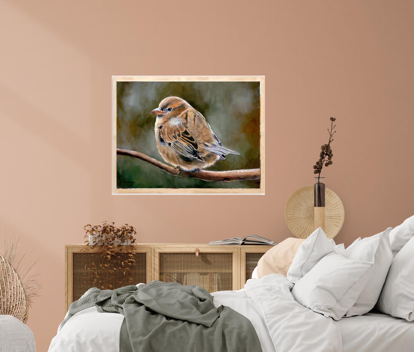 鳥の油絵オリジナル、木製動物画オリジナル鳥のアート額入り