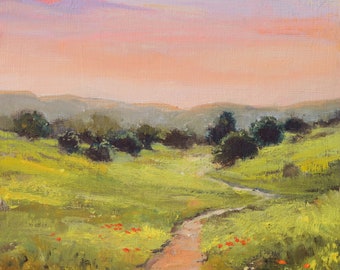 油絵 絵画 【田舎風景】 田舎道の絵画、草原の風景画、日の出の油絵、ピンクの空のアート