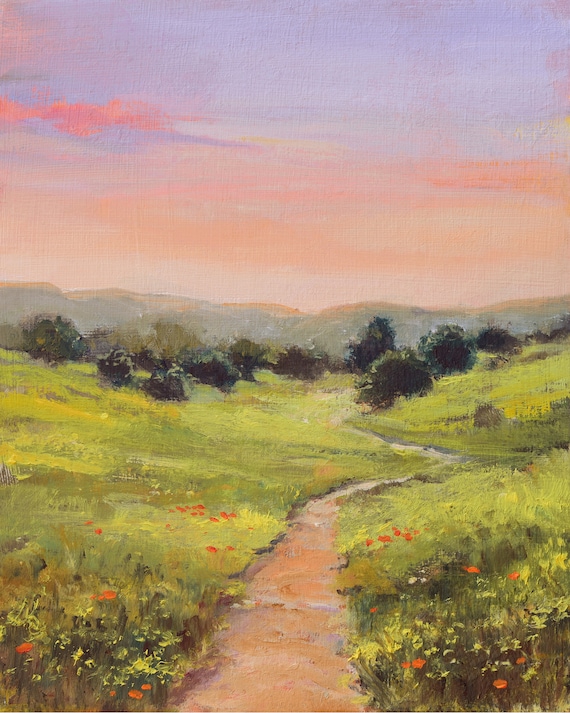 田舎道の絵画、草原の風景画、日の出の油絵、ピンクの空のアート、田舎