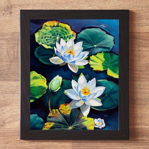 Lotus ORIGINAL oil artwork, Relaxing water lilies small painting, Waterlily flowers oil wall art, Coastal floral decor, Mothers day gift