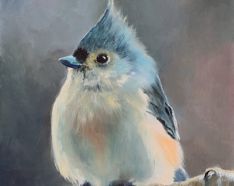 Tufted titmouse oil painting, Framed wildlife painting, Cute little bird art, Biology painting ORIGINAL, Ornithology gift, Bird lover gift
