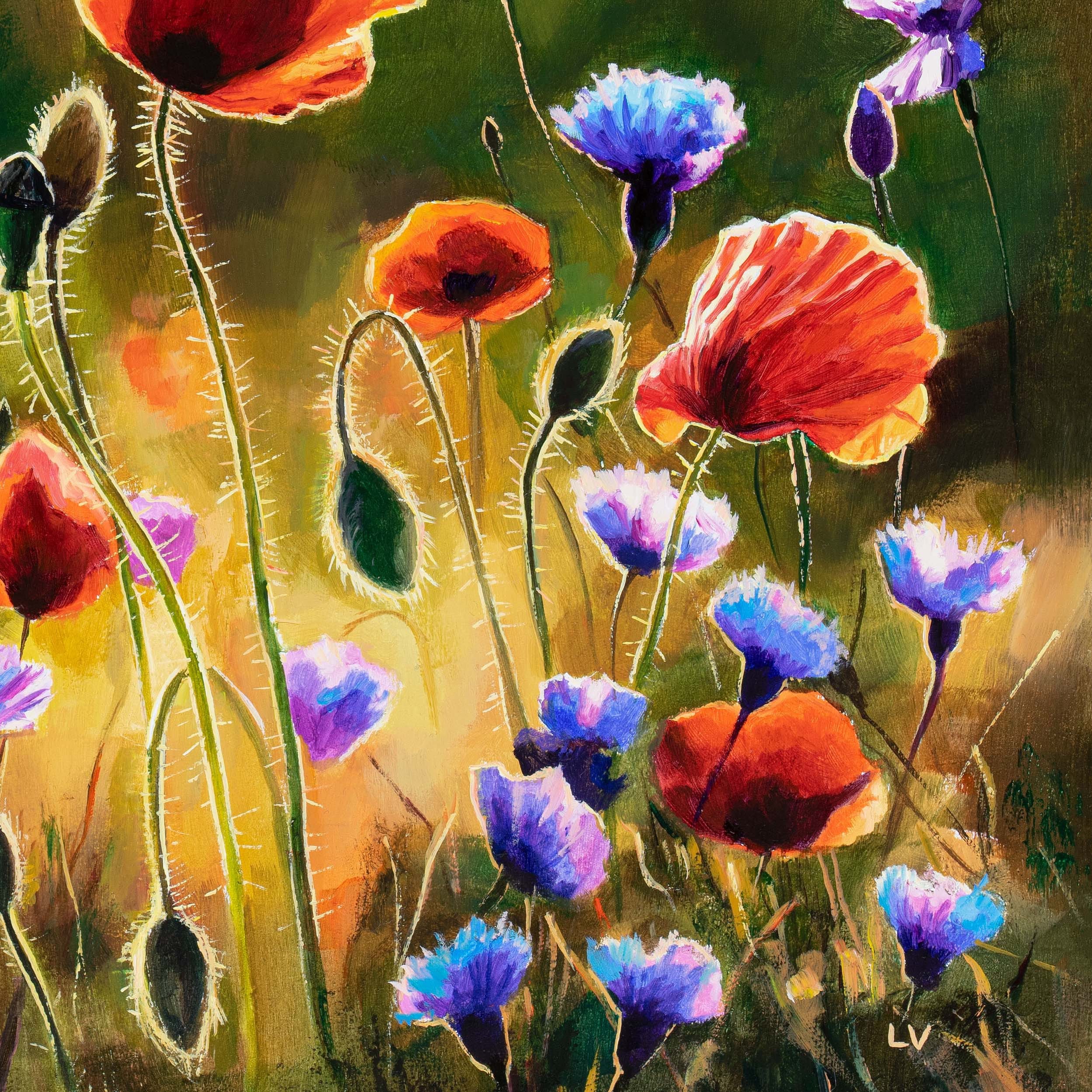 ORIGINAL Poppy Field Oil Painting, Framed Spring Wildflowers