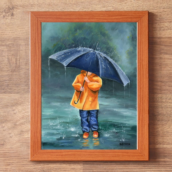 Illustration d'une petite fille avec un parapluie, jolie peinture sous la pluie, oeuvre d'art pour enfants pour chambre de bébé, petite oeuvre d'art ORIGINALE encadrée, joli cadeau vintage