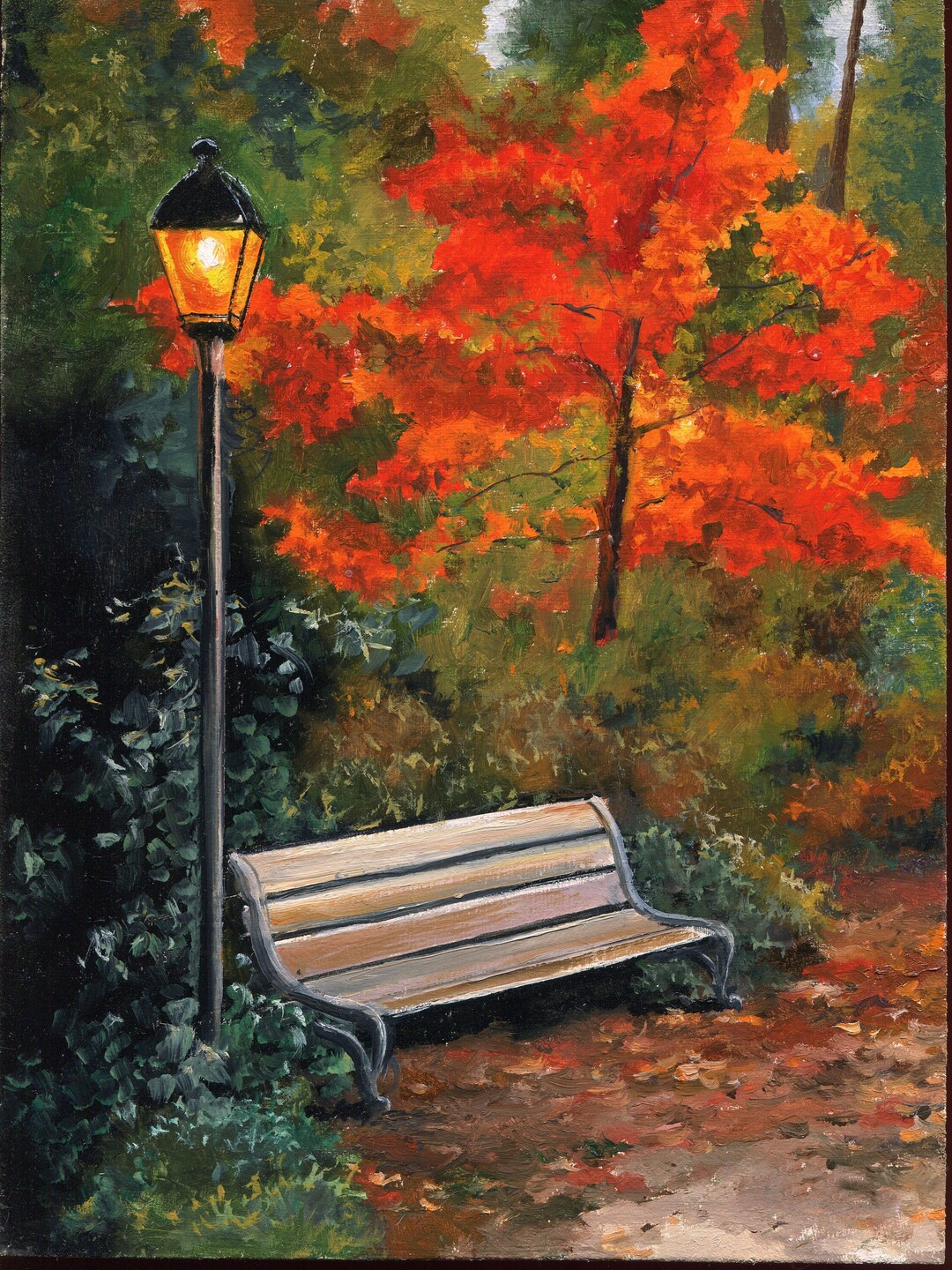 Cozy Fall Season Painting ORIGINAL Romantic Fall Bench Lamppost Cozy Fall Season Painting ORIGINAL Romantic Fall Bench Lamppost