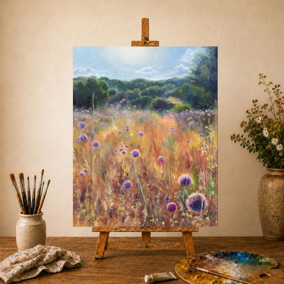 花畑のオリジナルアート作品、牧草地の風景油絵、田舎の夏の壁掛け