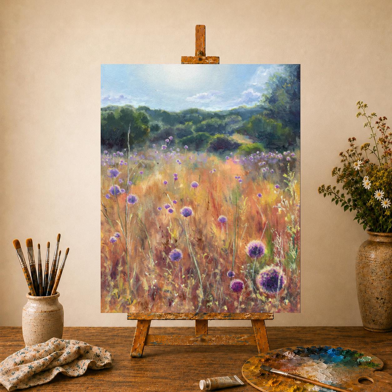 花畑のオリジナルアート作品、牧草地の風景油絵、田舎の夏の壁掛け