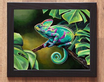 ウッドバーニングアート　カメレオン Chameleon painting ORIGINAL, Realistic exotic wildlife oil