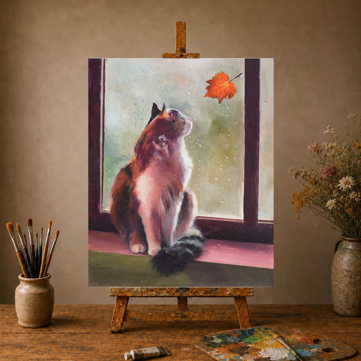 猫の肖像画、オリジナル油絵、素朴なコーナー装飾のための窓辺の猫の絵