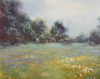 油絵 絵画 【野花の風景】 野花の風景画、花のあるフィールドのアート、農家の壁の装飾のための