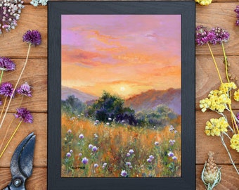 Landschaft Ölgemälde ORIGINAL, Wildblumen Prärie von Illinois Malerei, Sommerwiese Sonnenuntergang Landschaft weiße Blumen gerahmt