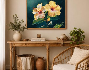 黄色のハイビスカスの花の絵画プリント、トロピカルな花の油絵リアル