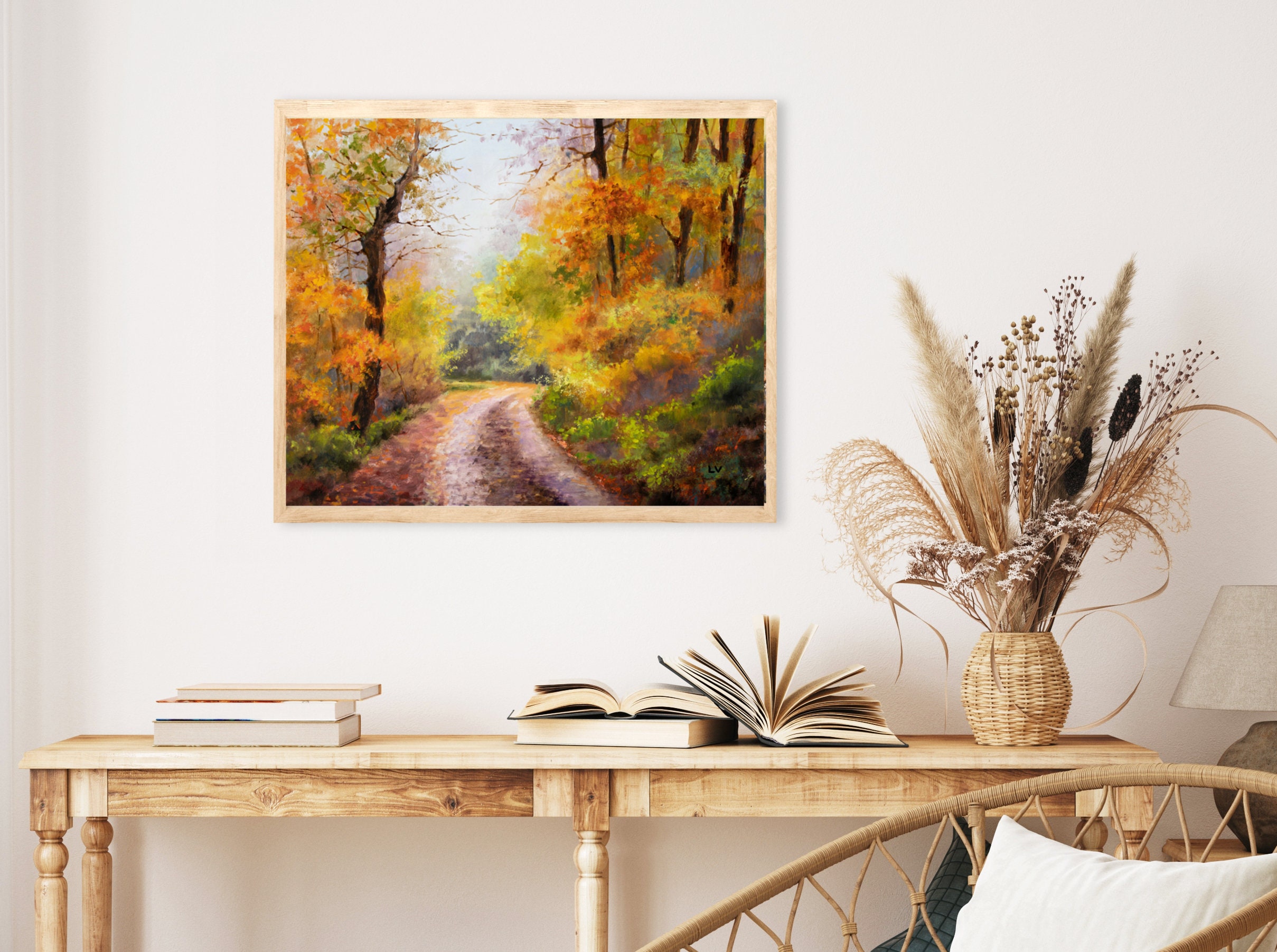 秋の道のアートプリント、暖かい色の森の風景、秋の小道、自然のリアル