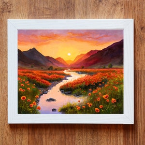 Golden Hour Landscape Art, Dusk Reflecions Water, Red Flowers Oil ...