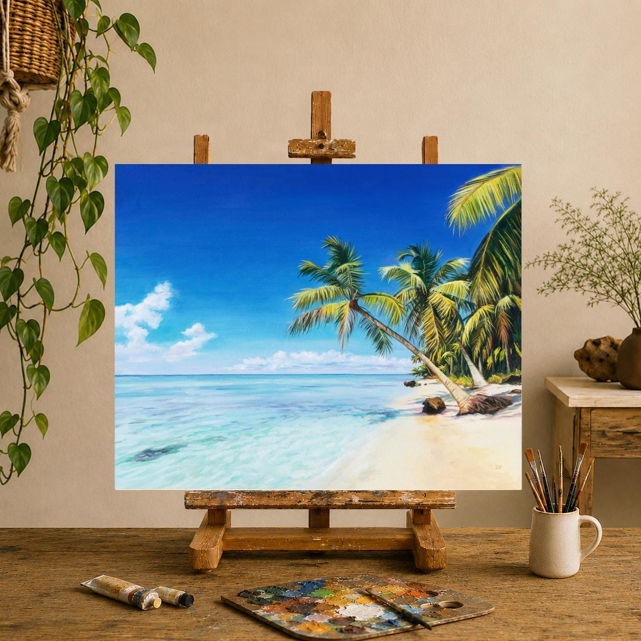 Tropical Palm Tree Beach ORIGINAL Painting, Sunny Oceanscape Oil