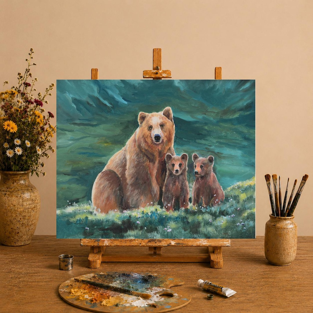 クマの油絵 オリジナル グリズリーベアの絵画 赤ちゃんの部屋の装飾