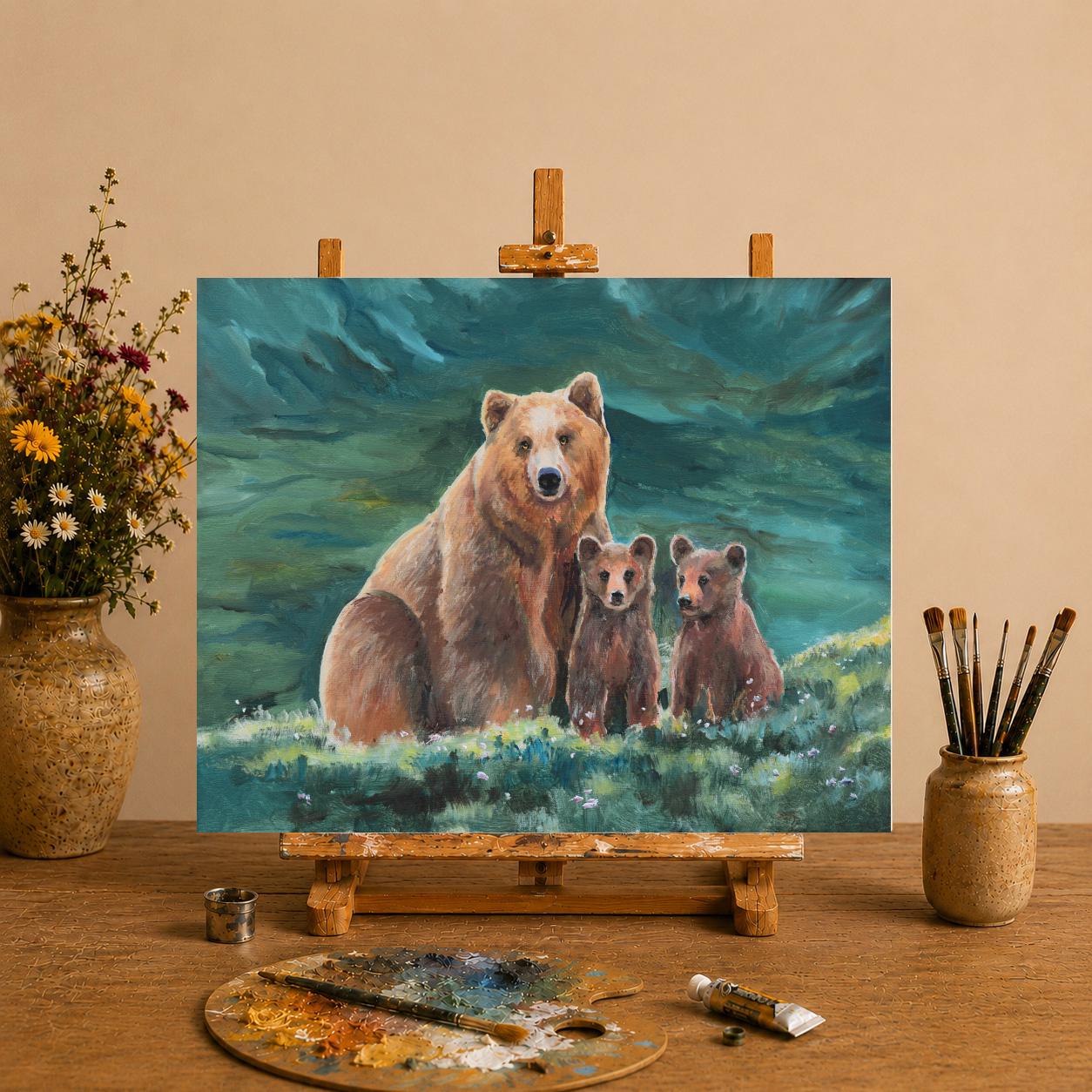 クマの油絵【タイトル:或日の熊】1点物の原画◆作者サイン入り◆F4号キャンバス クマの油絵 オリジナル グリズリーベアの絵画 赤ちゃんの部屋の装飾