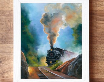 蒸気機関車の風景画、ヴィンテージ蒸気機関車のアートワーク、鉄道