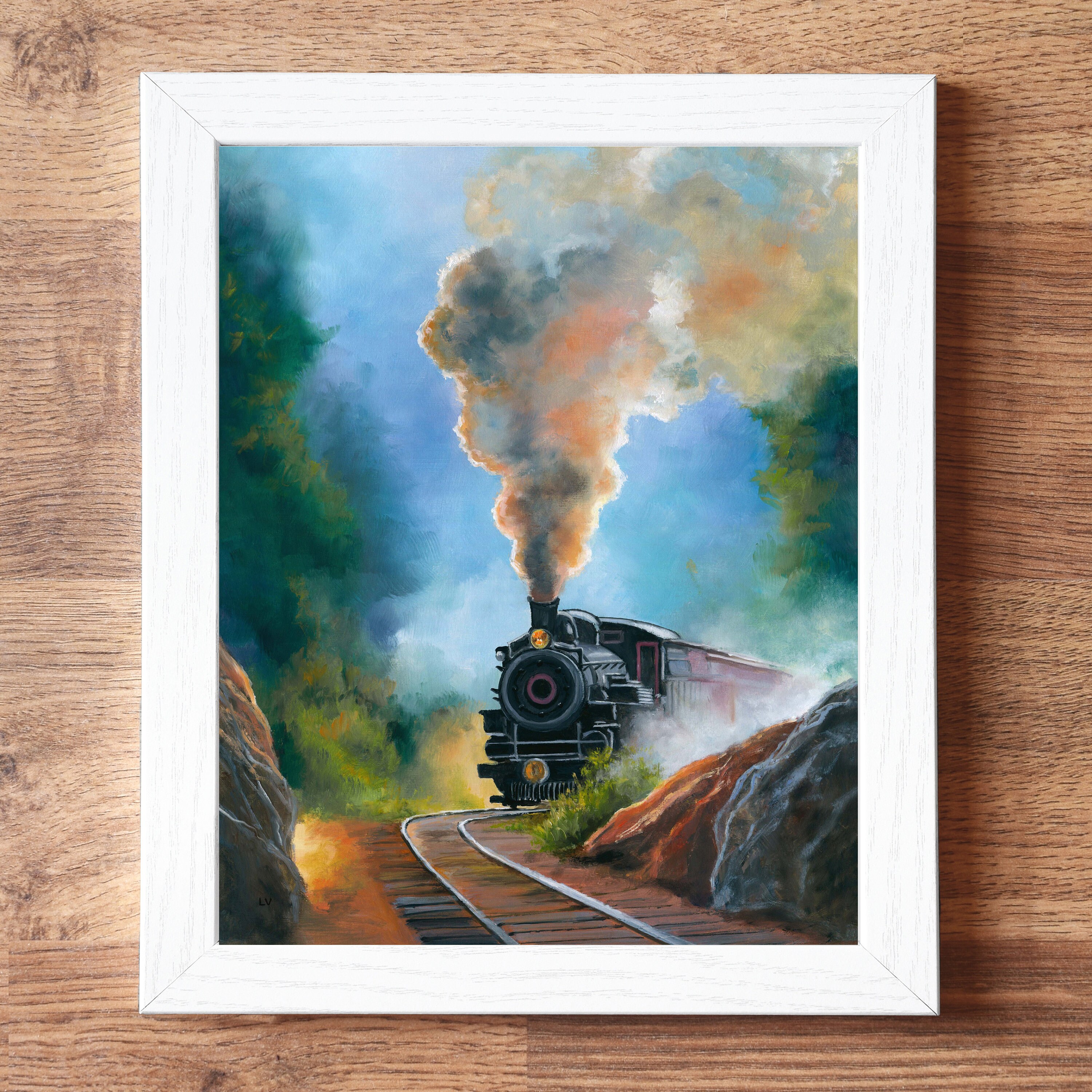 鉄道風景 油彩画 印象派風 蒸気機関車の風景画、ヴィンテージ蒸気機関車のアートワーク、鉄道