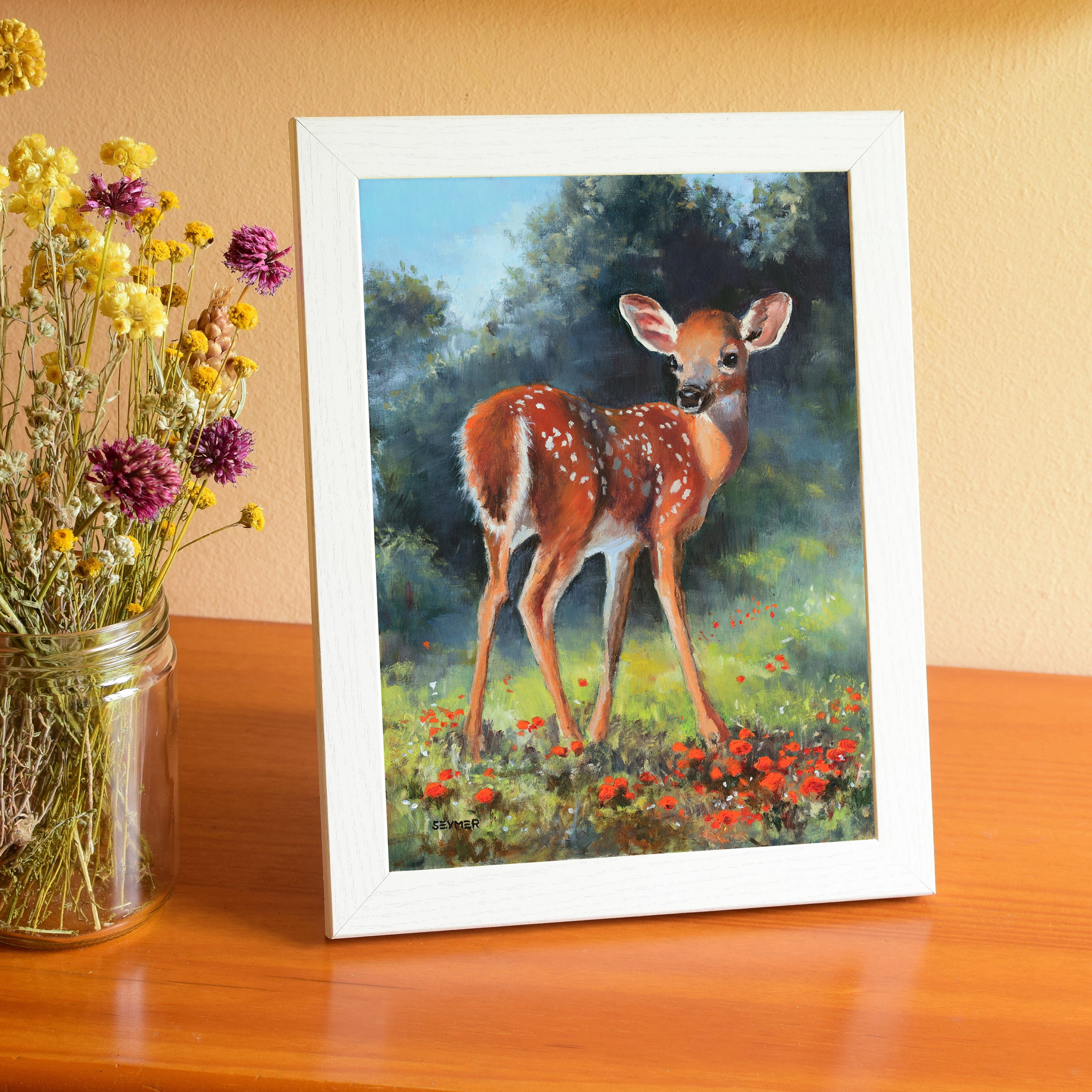子鹿のオリジナルアートワーク、かわいい動物の油絵、小さな鹿のアート