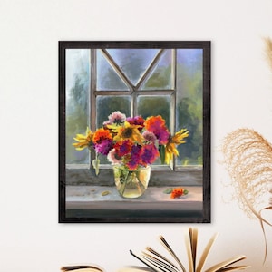 Ramo de caléndulas pintura PRINT, Ventana lluviosa con flores, Arte romántico de bodegones, Flores coloridas en una obra de arte de jarrón Decoración de cocina