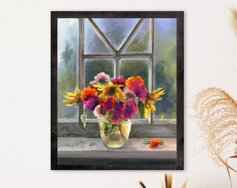 Impression d'un bouquet de soucis, fenêtre pluvieuse avec des fleurs, nature morte romantique, oeuvre d'art Fleurs colorées dans un vase, décoration de cuisine