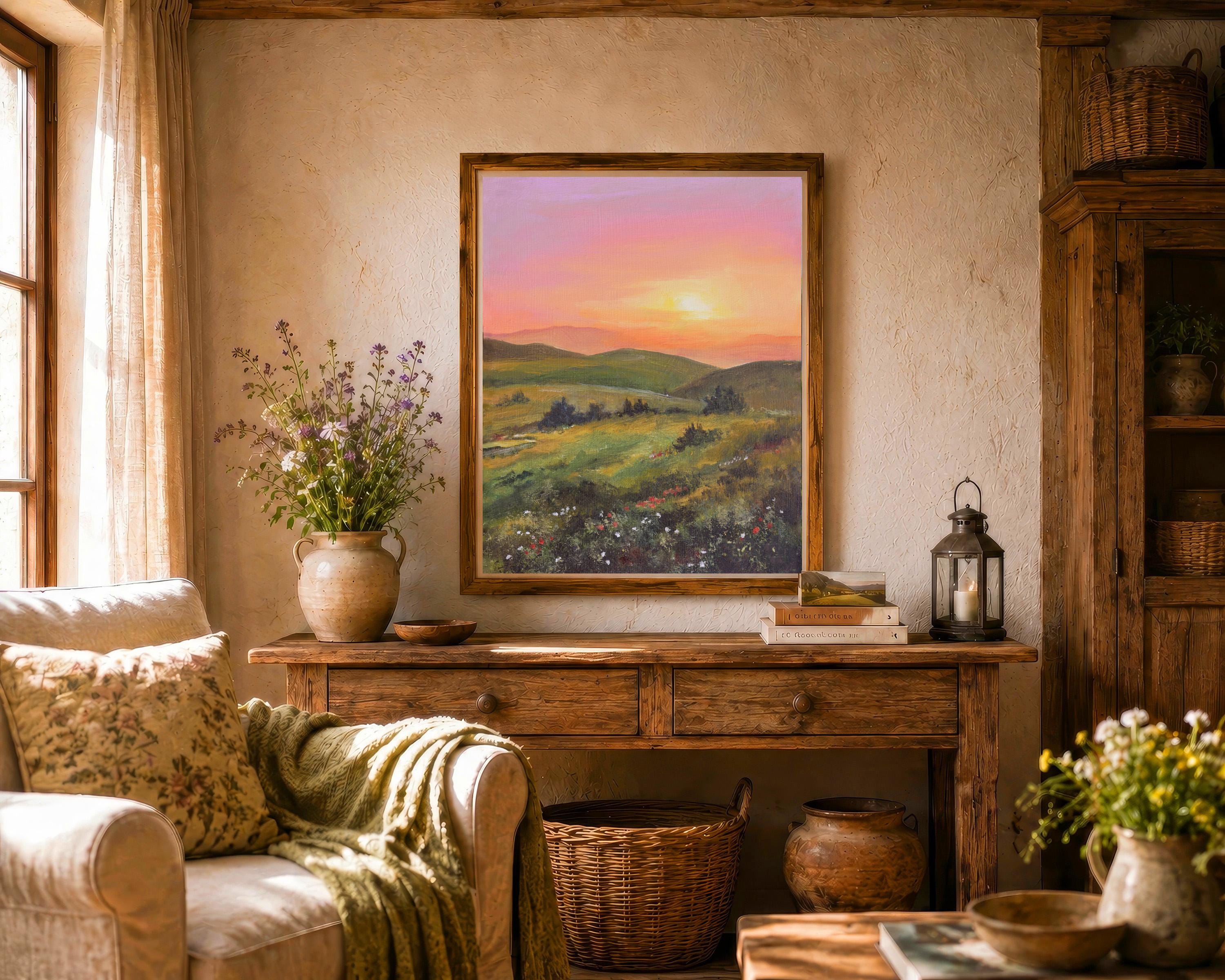 田園風景のオリジナル絵画、日の出の風景画、山間の谷の油絵、夕暮れの