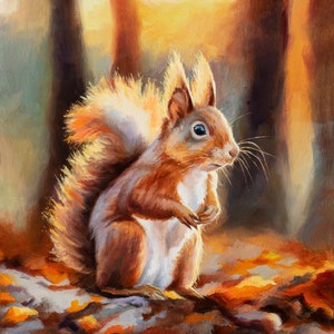 May include: A red squirrel with a bushy tail sits on a bed of autumn leaves in a forest setting. The squirrel is looking to the right of the image, with its paws tucked in front of it. The background is a warm, golden color, suggesting a sunset or sunrise.
