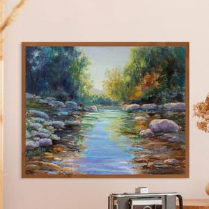 River rocks painting PRINT, Stones stream art, Buffalo national river park, Ozark mountains landscape wall decor, Lake house art Cabin decor