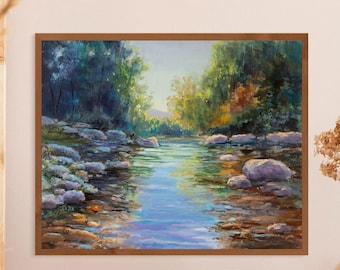 River rocks painting PRINT, Stones stream art, Buffalo national river park, Ozark mountains landscape wall decor, Lake house art Cabin decor