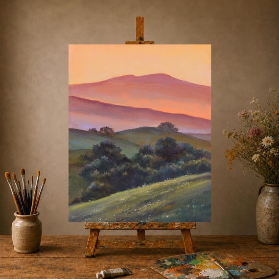 Small Mountain Landscape Oil Painting, Rolling Hills Landscape Art