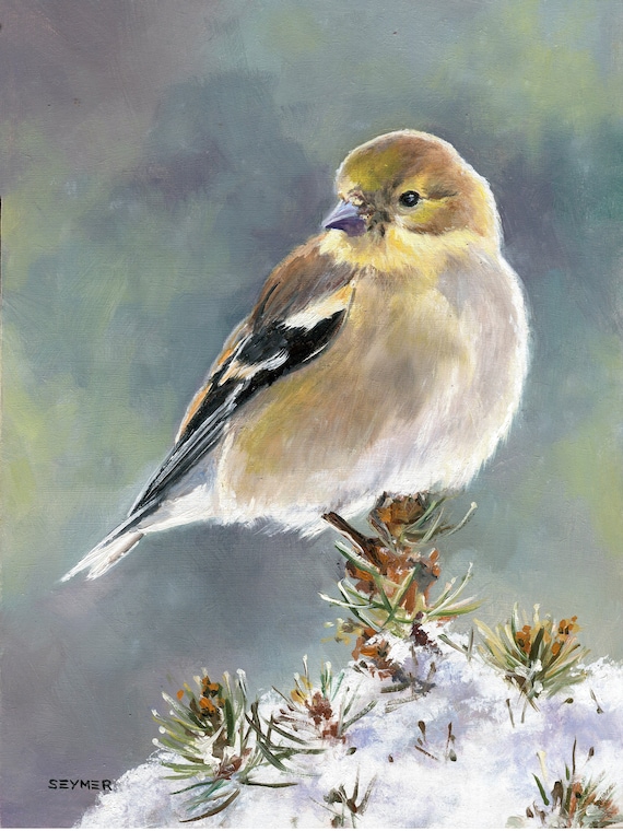 ゴシキヒワのオリジナル絵画、写実的な鳥の絵、動物の油絵、黄色い鳥の