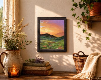 夕日の風景油絵オリジナル、額装された田園風景画、モダンな農家風絵画