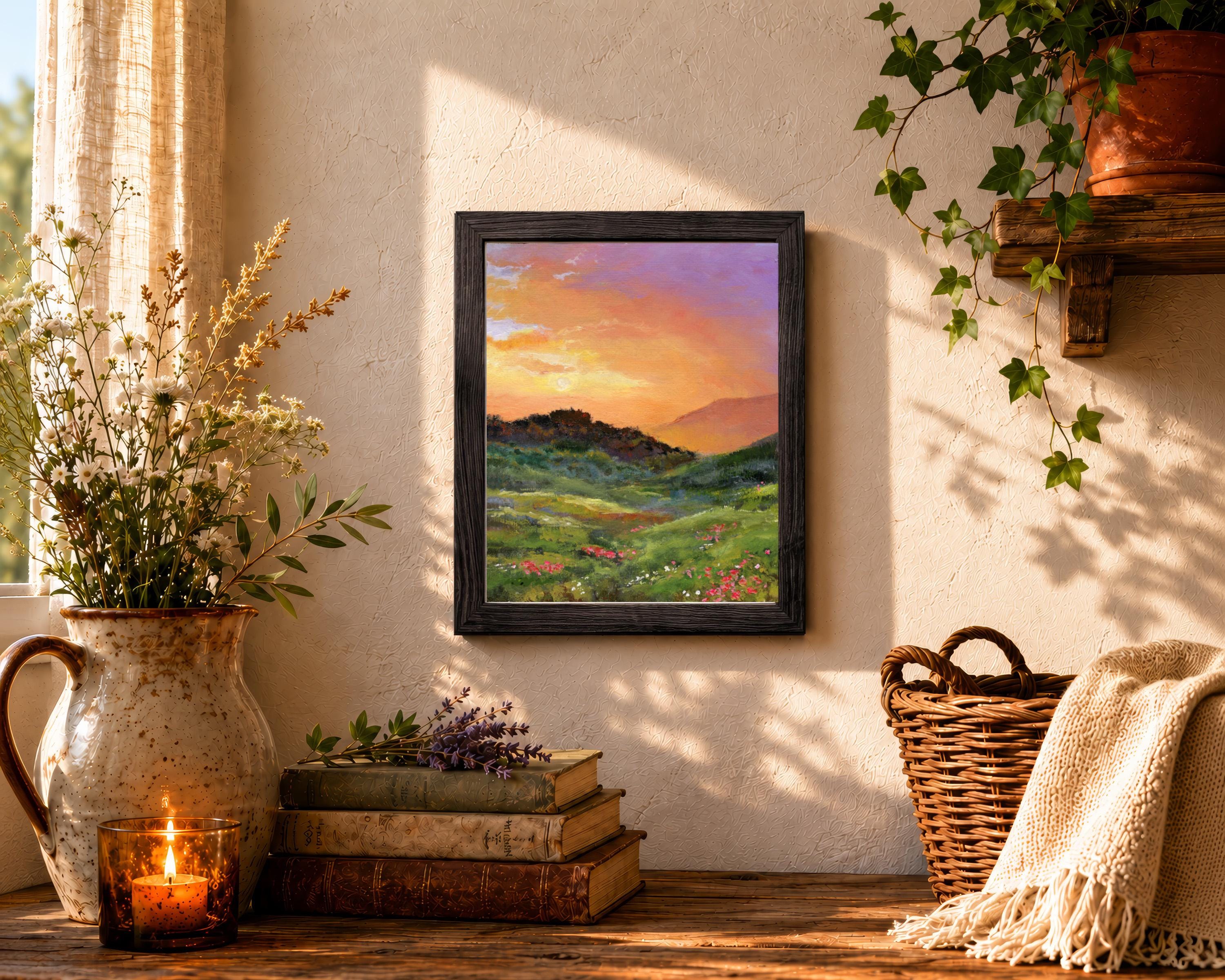 夕日の風景油絵オリジナル、額装された田園風景画、モダンな農家風絵画