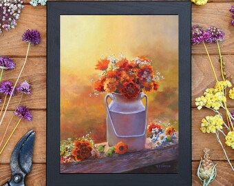 Orange flowers bouquet PRINT, Floral vase still life poster, Rustic kitchen oil painting, Homestead wall art Farmhouse kitchen, Gift for mum
