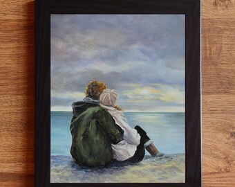 オリジナル油絵、抱き合うカップルのビーチ風景、ロマンチックな愛の