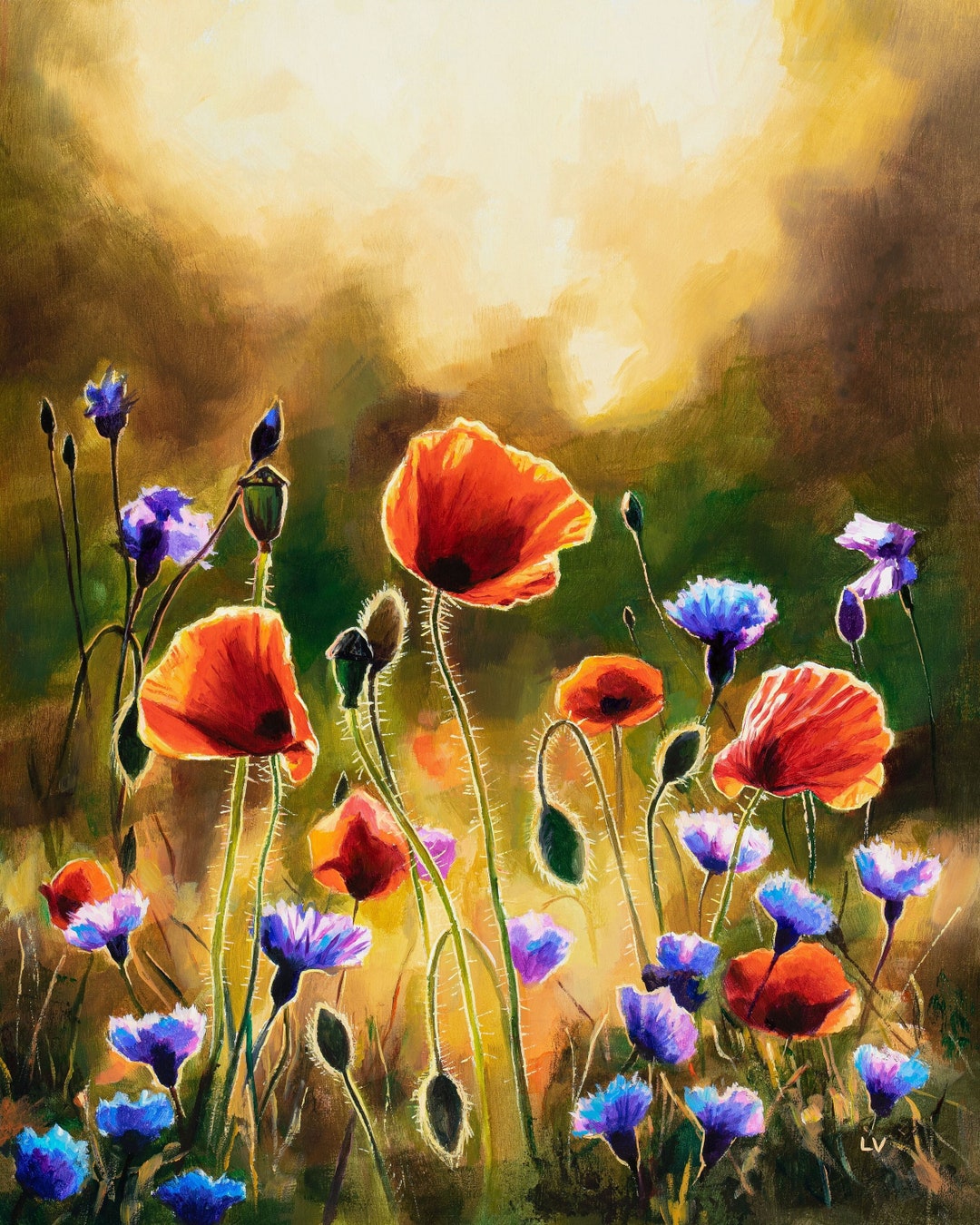 ORIGINAL Poppy Field Oil Painting, Framed Spring Wildflowers