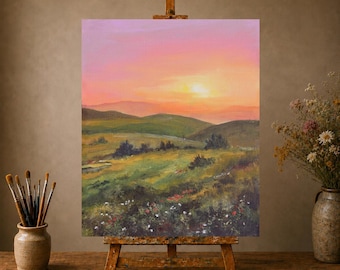田園風景のオリジナル絵画、日の出の風景画、山間の谷の油絵、夕暮れの