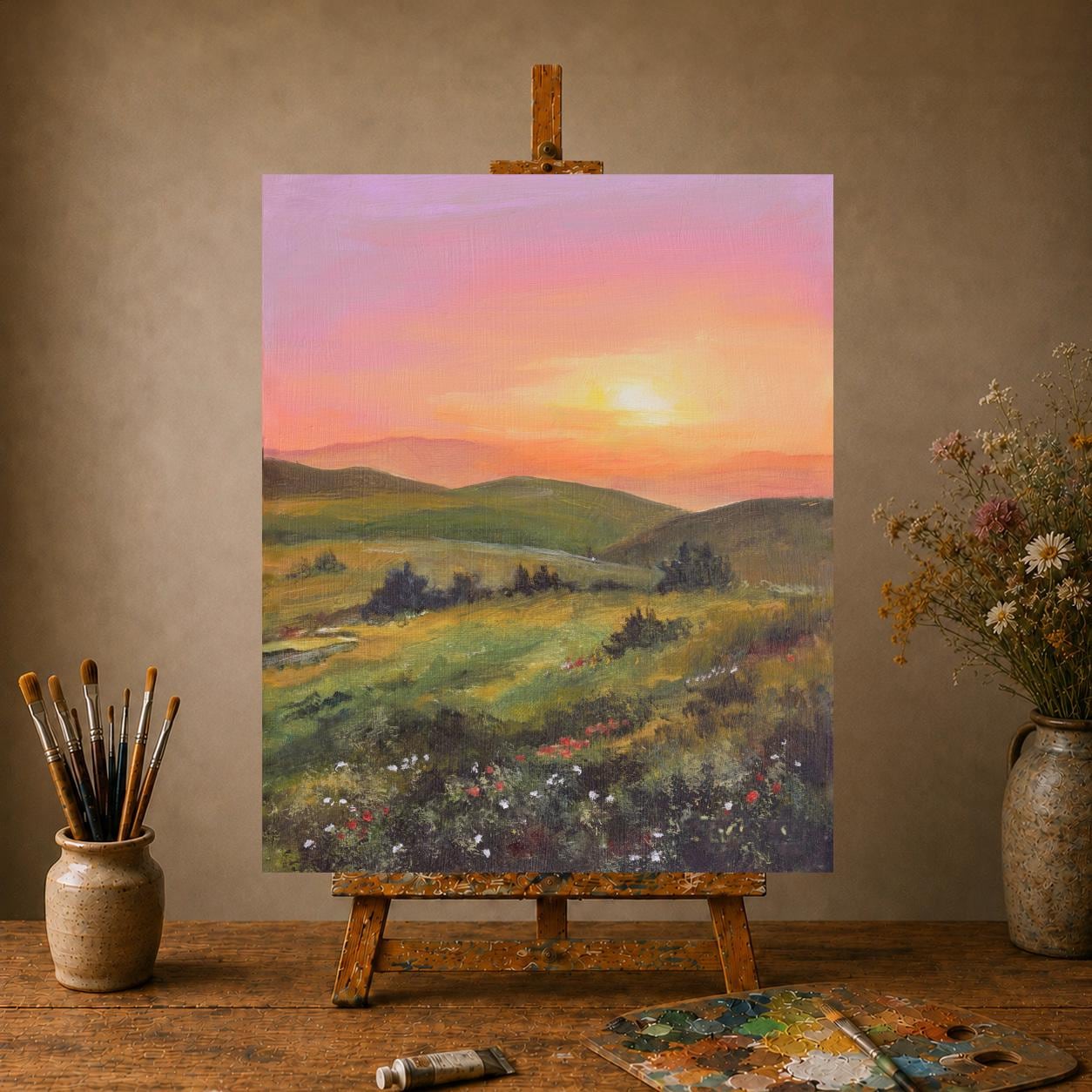 田園風景のオリジナル絵画、日の出の風景画、山間の谷の油絵、夕暮れの