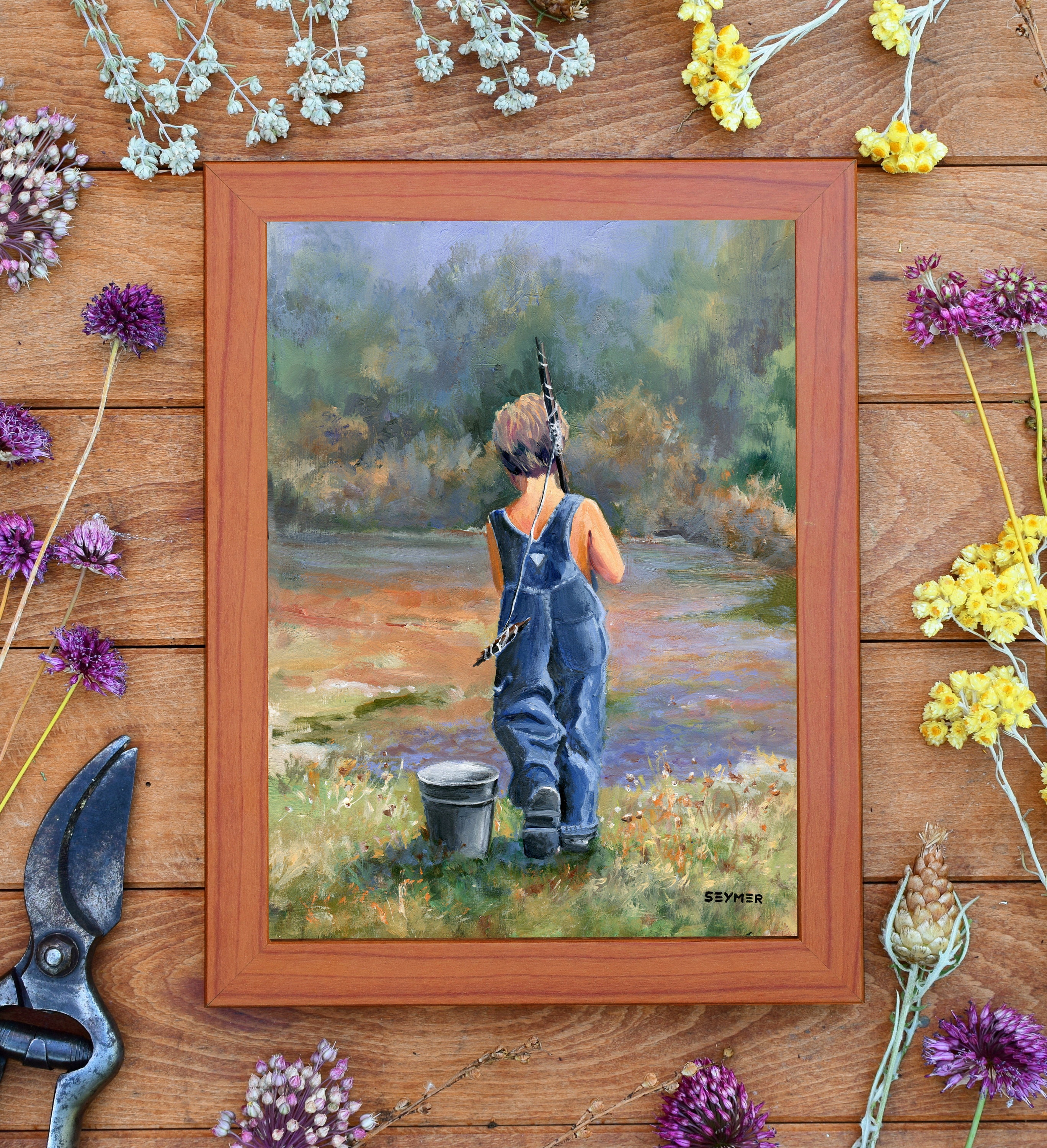 Boy Fishing Painting, Child River ORIGINAL Art, Sunny Sumer Day Wall Art,  River Landscape, Child's Room Decor, Vintage Artwork, Framed Art. 