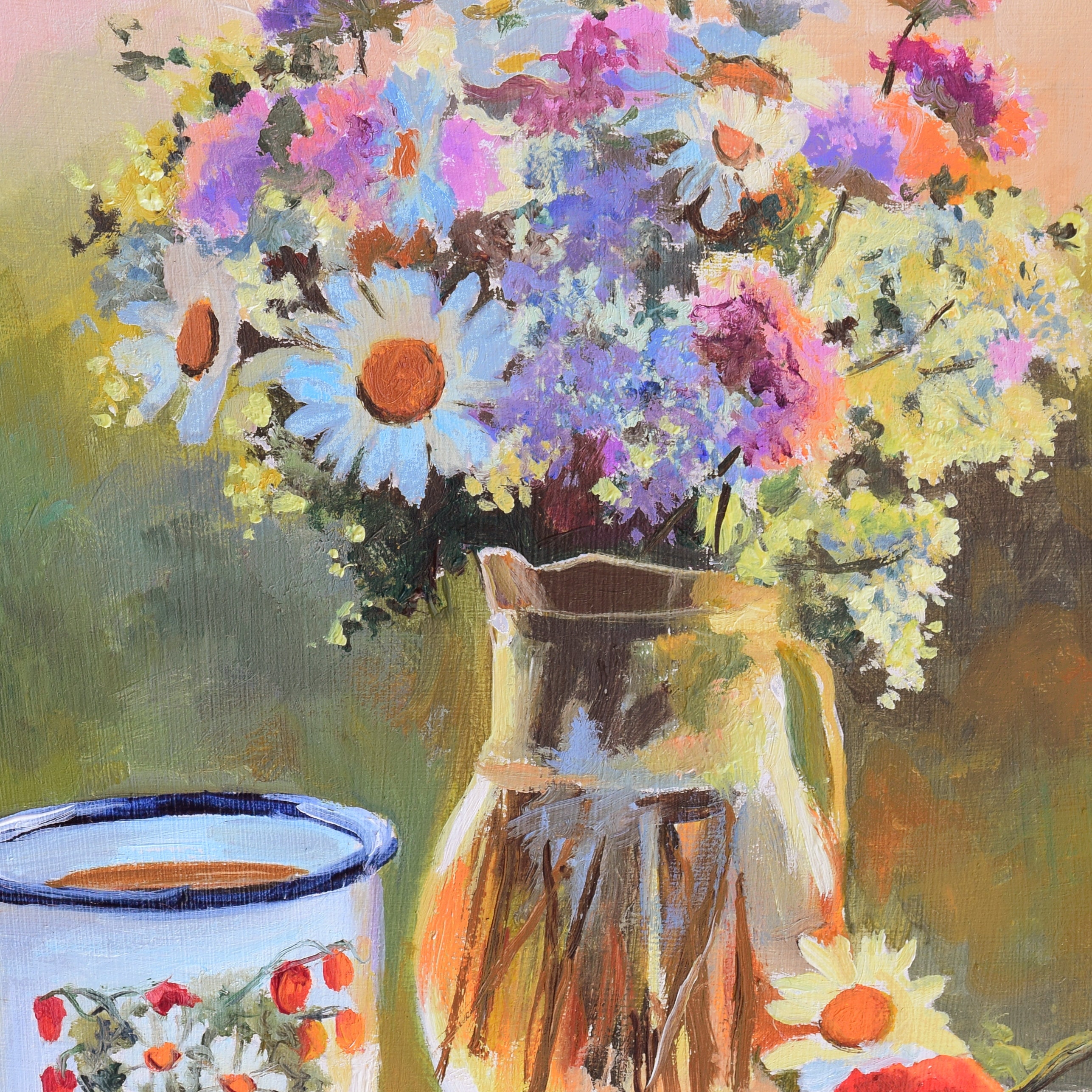 花瓶の油絵、小さな静物画、デイジーの絵、オリジナル油絵、額装された