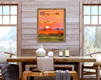 赤い夕焼けの絵画オリジナル、穏やかな川の壁アート、カラフルな油絵の