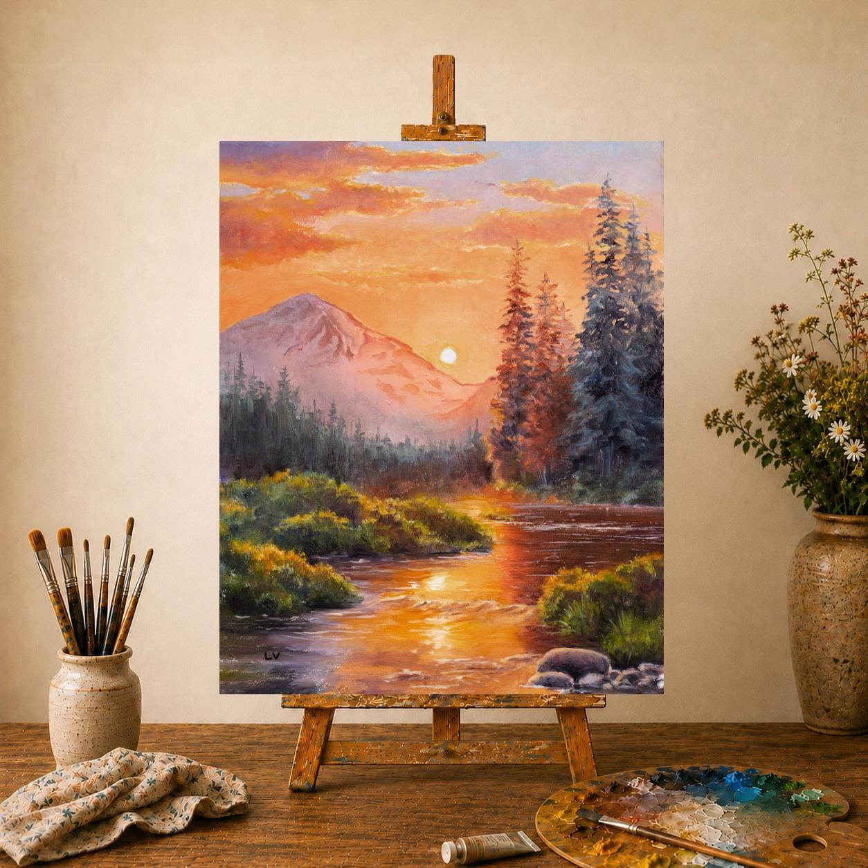 スプルースの森のオリジナル油絵、川と山のアート作品、晴れた夕日の