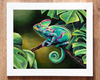 Chameleon painting ORIGINAL, Realistic exotic wildlife oil