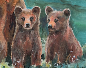 クマの油絵 オリジナルグリズリーベアの絵画 ベビールームの装飾 野生