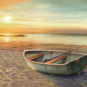 Boat painting ORIGINAL, Sunset beach art, Framed oil painting, Seaside art, Ocean wall art Gift for fisherman Seascape fishing boat fine art