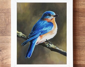 鳥 動物 絵画 ［bluebird］絵画　油絵　※値段交渉あり ルリビタキ 水彩画・油絵風 インテリアアート額付き 絵画