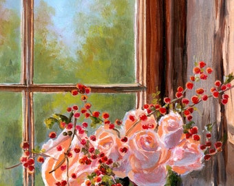 花の静物オリジナル油絵、花束の花のアート、バラの花の絵画 花の静物オリジナル油絵、花束の花のアート、バラの花の絵画