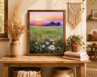 野の花のオリジナル絵画、草原のデイジーの風景、夕焼けの野の花の
