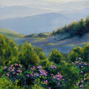 Mountains landscape oil painting, Summer flowers scene fine art, Carolina mountains panoramic, Made to order country painting Nature artwork