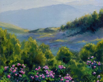 山の風景油絵、夏の花の風景の美術、カロライナ山脈のパノラマ